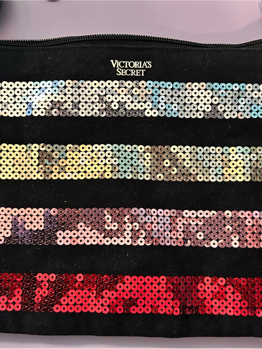 Victoria's Secret Black Cosmetic Pouch with Multicolor Sequin Stripes